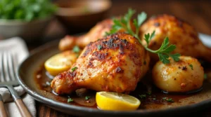 Golden-brown, crispy oven-baked chicken thighs garnished with fresh parsley and lemon wedges, served with roasted vegetables on a rustic wooden table