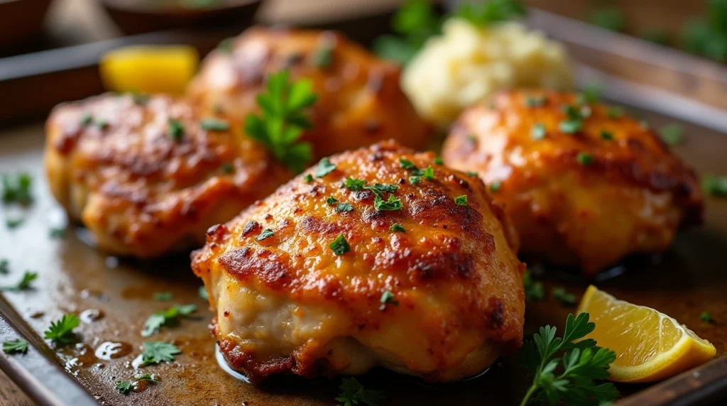 Crispy oven-baked chicken thighs on a baking sheet, garnished with lemon wedges and fresh parsley