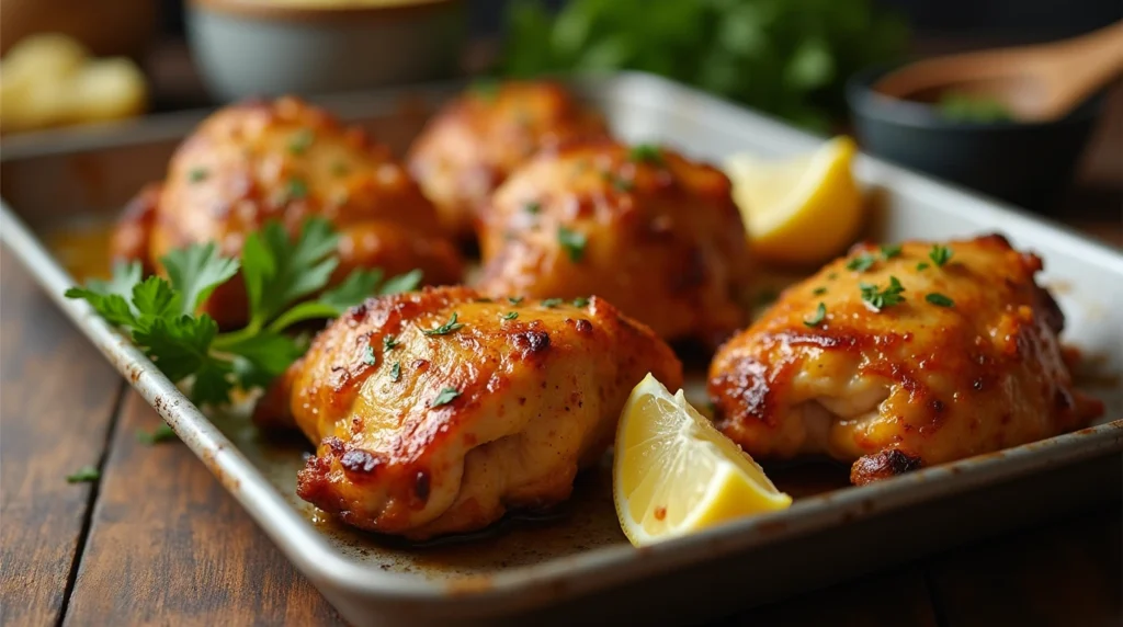 Oven-baked chicken thighs with crispy skin, served with mashed potatoes and roasted vegetables