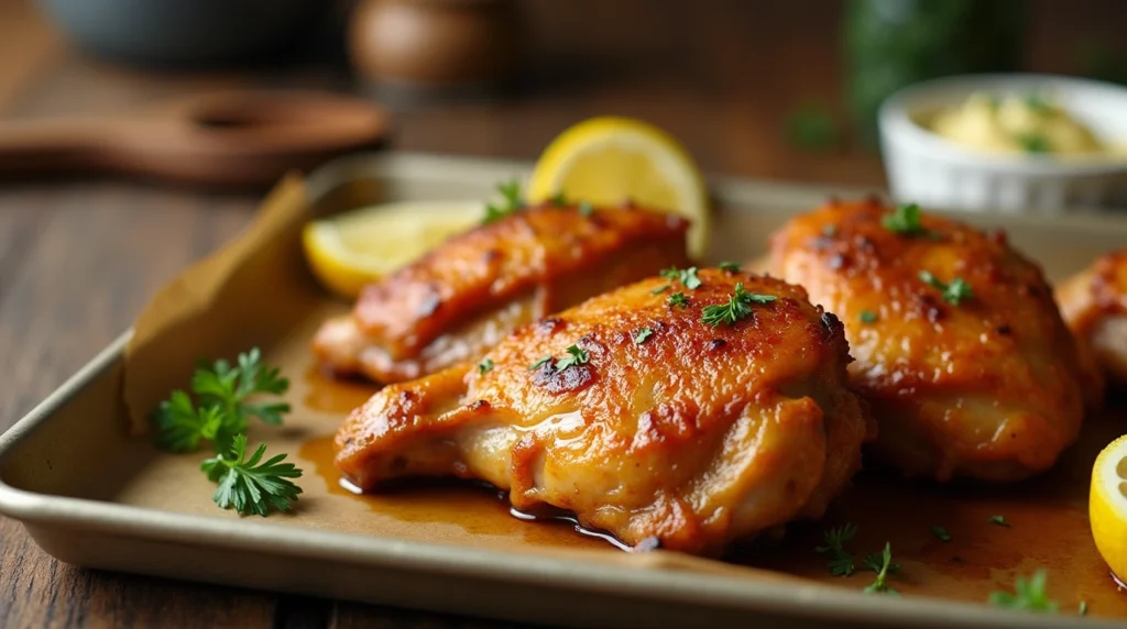 Close-up of juicy oven-baked chicken thighs with crispy skin, garnished with herbs and lemon wedges.