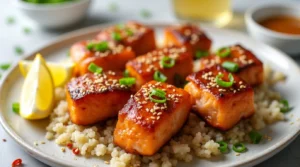 Crispy honey garlic salmon bites glazed in a sticky sauce, garnished with sesame seeds and green onions, served over steamed rice with lemon wedges.