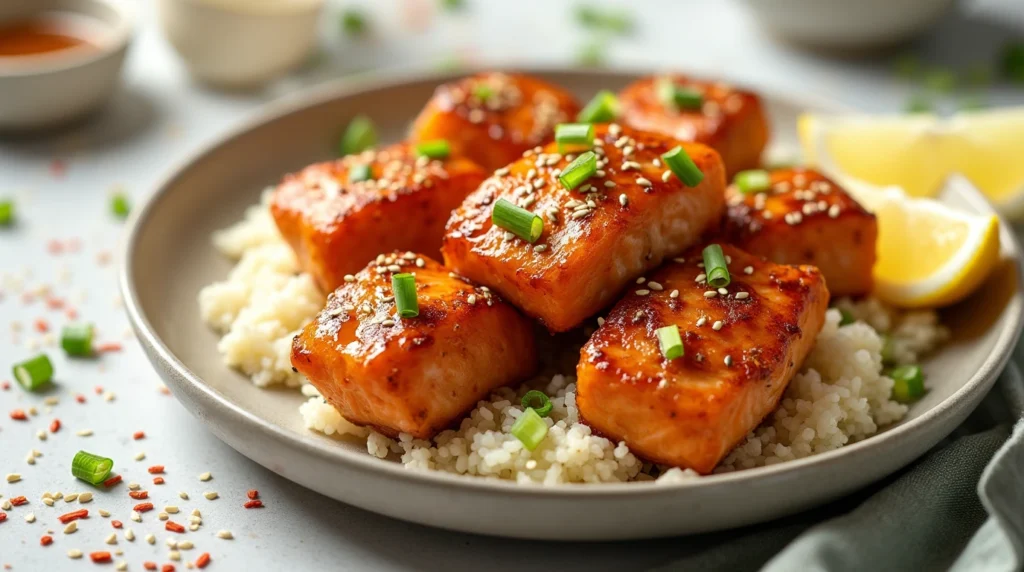  Golden honey garlic salmon bites with a sticky glaze, garnished with sesame seeds and green onions, served with rice and lemon wedges.