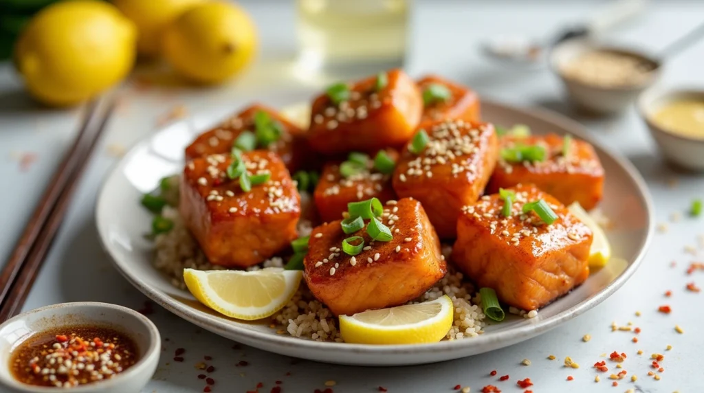 Crispy salmon bites drizzled with honey garlic sauce, topped with sesame seeds and green onions, served on a bed of quinoa.