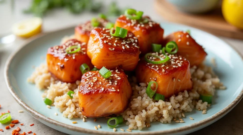  Pan-fried honey garlic salmon bites, sprinkled with sesame seeds and green onions, served with rice and lemon wedges.