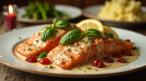 A plate of Marry Me Salmon with seared salmon fillets in a creamy garlic parmesan sauce, garnished with fresh basil, sun-dried tomatoes, and lemon wedges, served with a side of mashed potatoes and asparagus.