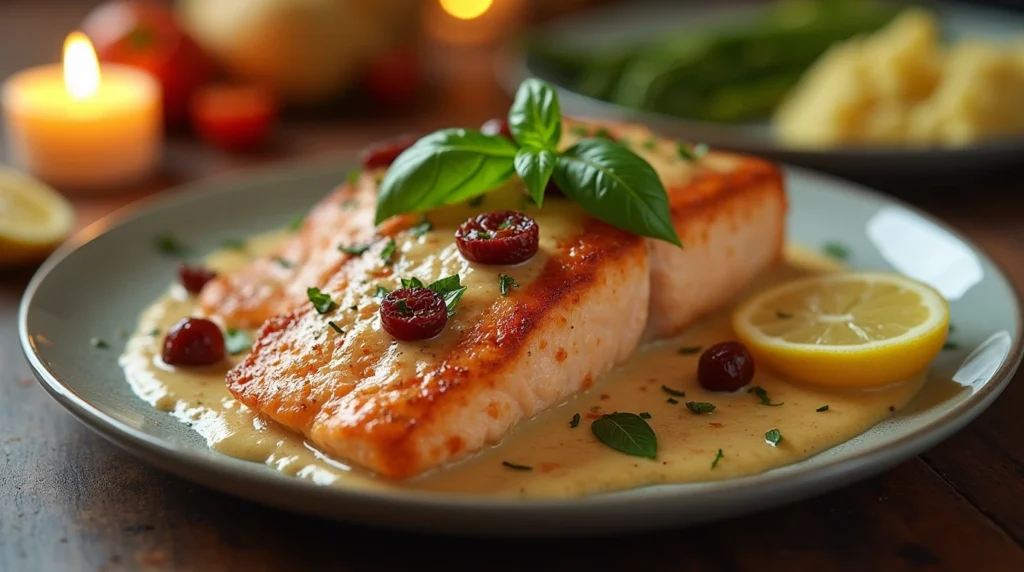  A delicious plate of Marry Me Salmon featuring seared salmon fillets in a creamy garlic parmesan sauce, garnished with basil, sun-dried tomatoes, and lemon wedges, served with mashed potatoes and asparagus.