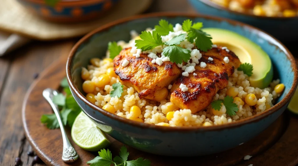 Freshly made Street Corn Chicken Rice Bowl with grilled chicken, street corn mixture, avocado, and lime wedges, served on a rustic wooden table.