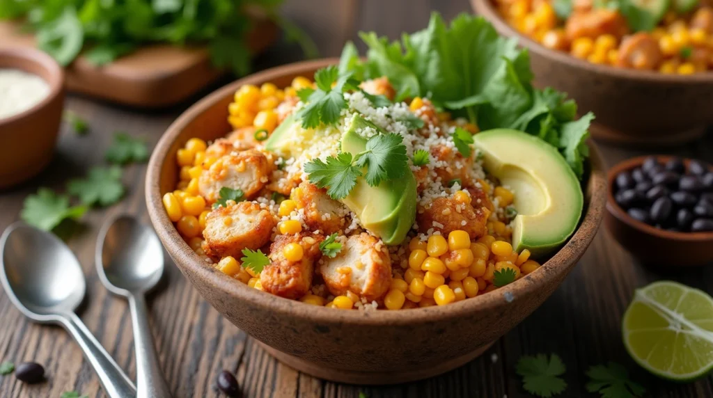 Colorful Street Corn Chicken Rice Bowl with grilled chicken, creamy street corn, avocado, cilantro, and lime, served with a side of black beans.