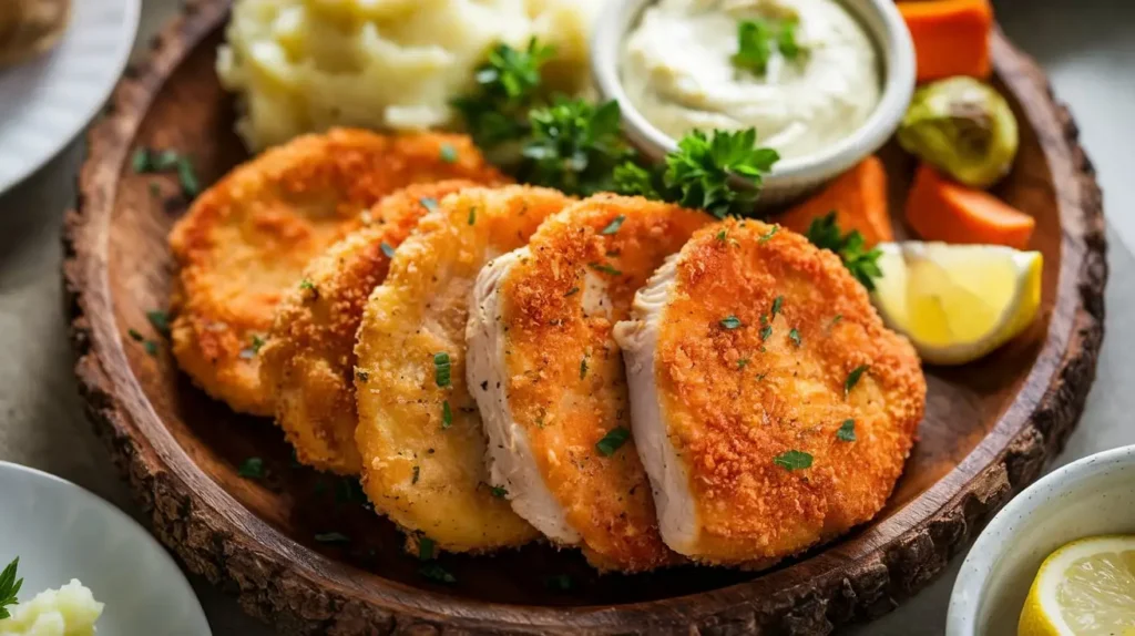 Close-up of crispy chicken cutlets with mashed potatoes, roasted vegetables, and dipping sauce on a rustic plate