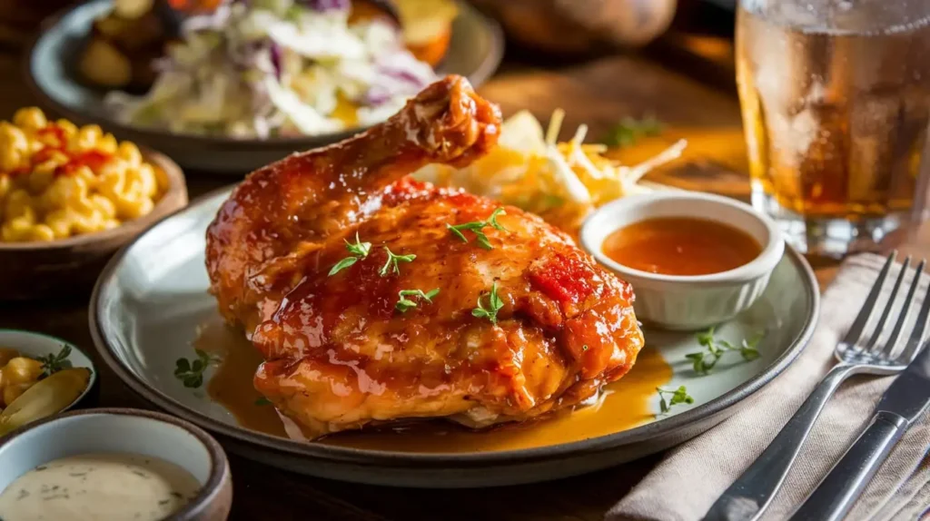 Crispy Baked Hot Honey Chicken with golden panko breadcrumb coating, served with coleslaw, mac & cheese, and a side of spicy dipping sauces.