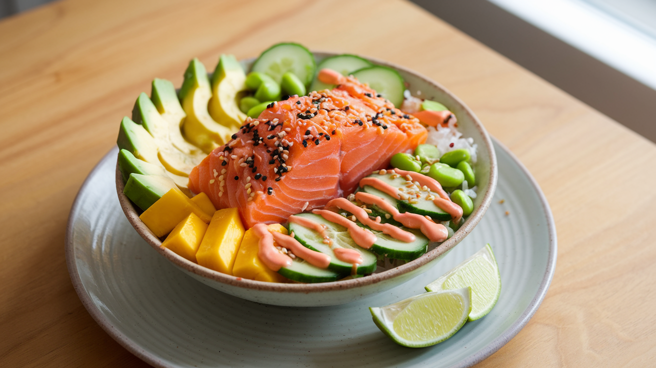 Fresh Salmon Poke Bowl with Vibrant Toppings and Crunchy Texture