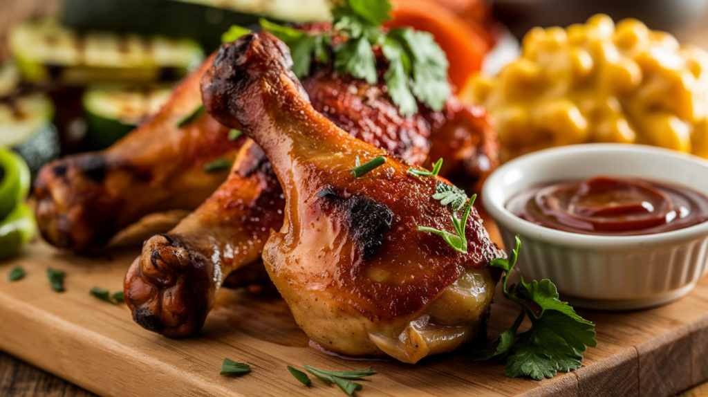 A vibrant display of smoked chicken drumsticks with a crispy, golden-brown exterior, accented by a drizzle of BBQ sauce and surrounded by fresh grilled veggies on a rustic board.