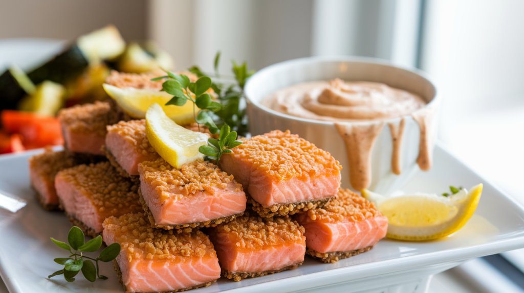 Plate of crispy salmon bites with dipping sauce and garnish, ideal for appetizers or snacks.

Title: Crispy Salmon Bites and Dipping Sauce