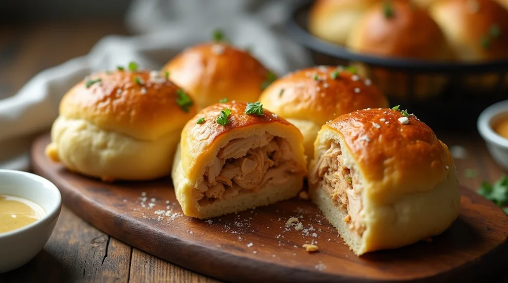 A serving platter filled with freshly baked chicken bread rolls, arranged neatly with a bowl of dipping sauce and a sprinkle of fresh herbs for garnish.