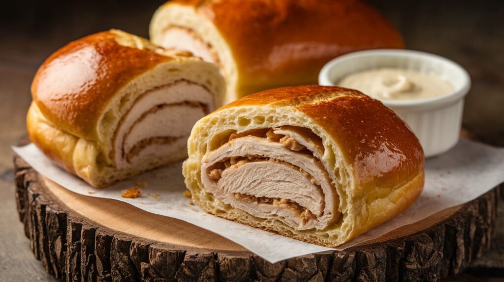 A close-up of crispy, golden chicken bread rolls, cut in half to showcase the soft interior and deliciously spiced chicken filling, garnished with fresh herbs.