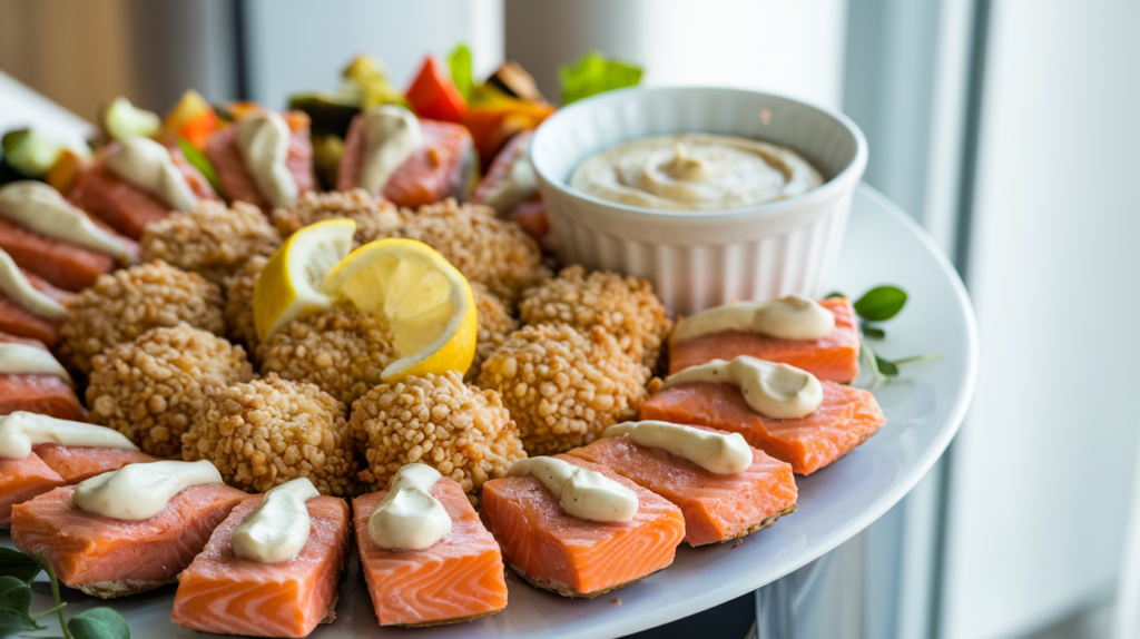 Golden crispy salmon bites with dipping sauce, served with lemon wedges and fresh herbs for a perfect appetizer