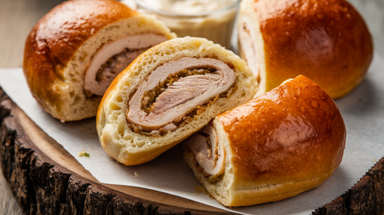 Freshly baked chicken bread rolls with a golden crust, sliced open to reveal a flavorful chicken filling, served on a wooden board with a side of dipping sauce.