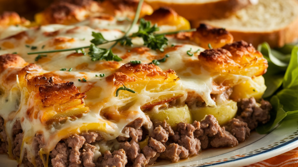 Golden-brown Hobo Casserole with ground beef, tater tots, and melted cheese served in a baking dish