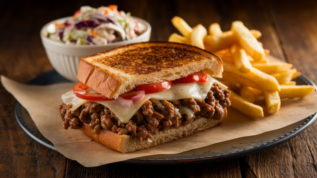 A close-up of a Philly Cheesesteak Sloppy Joe sandwich overflowing with cheesy, saucy ground beef, onions, and peppers, accompanied by French fries and coleslaw