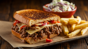 A Philly Cheesesteak Sloppy Joes sandwich with melted cheese, sautéed onions, and bell peppers on a toasted bun, served with French fries and coleslaw