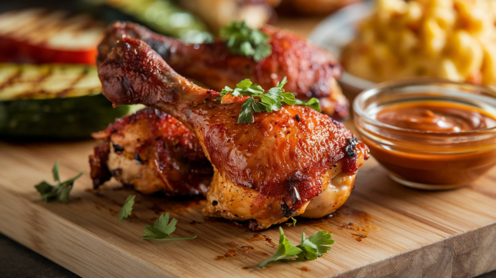 Close-up shot of perfectly smoked chicken drumsticks with crisp, golden skin, served with BBQ sauce and a colorful mix of grilled vegetables