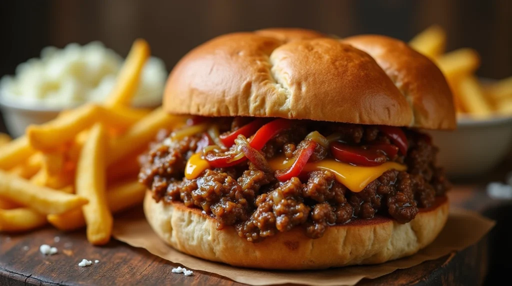 Delicious Philly Cheesesteak Sloppy Joe sandwich with a toasted bun, gooey cheese, peppers, and onions, served with fries and coleslaw