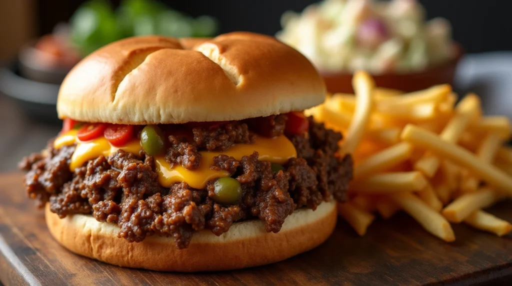 Philly Cheesesteak Sloppy Joe on a toasted bun with melted cheese, onions, peppers, and a side of fries and coleslaw, presented on a wooden table