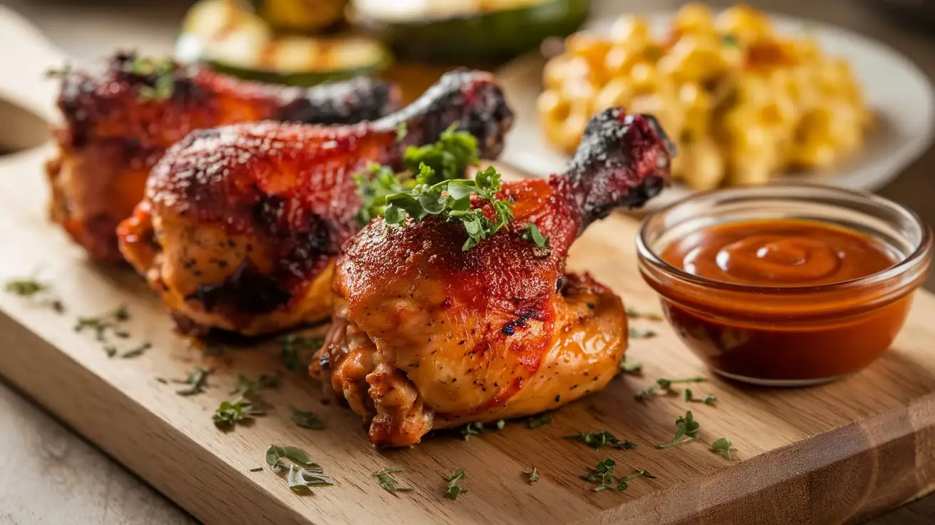 Smoked chicken drumsticks with crispy golden skin, served with tangy BBQ sauce and grilled vegetables on a rustic board