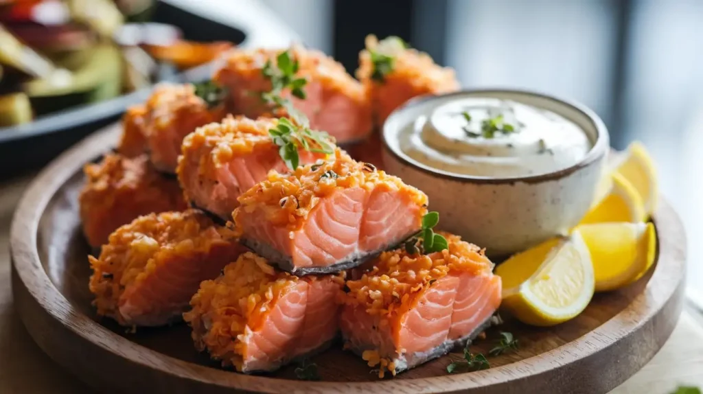 Crispy salmon bites with dipping sauce, lemon wedges, and herbs, offering a perfect combination of flavor and crunch