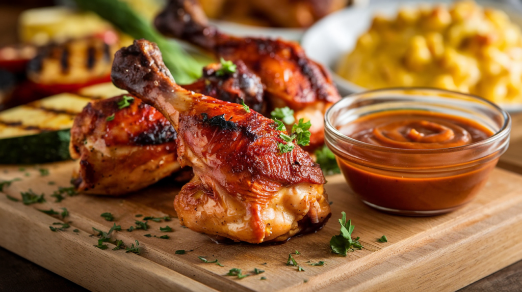 Smoked chicken drumsticks arranged on a wooden board, showcasing crispy skin paired with a tangy BBQ dipping sauce and a side of grilled vegetables