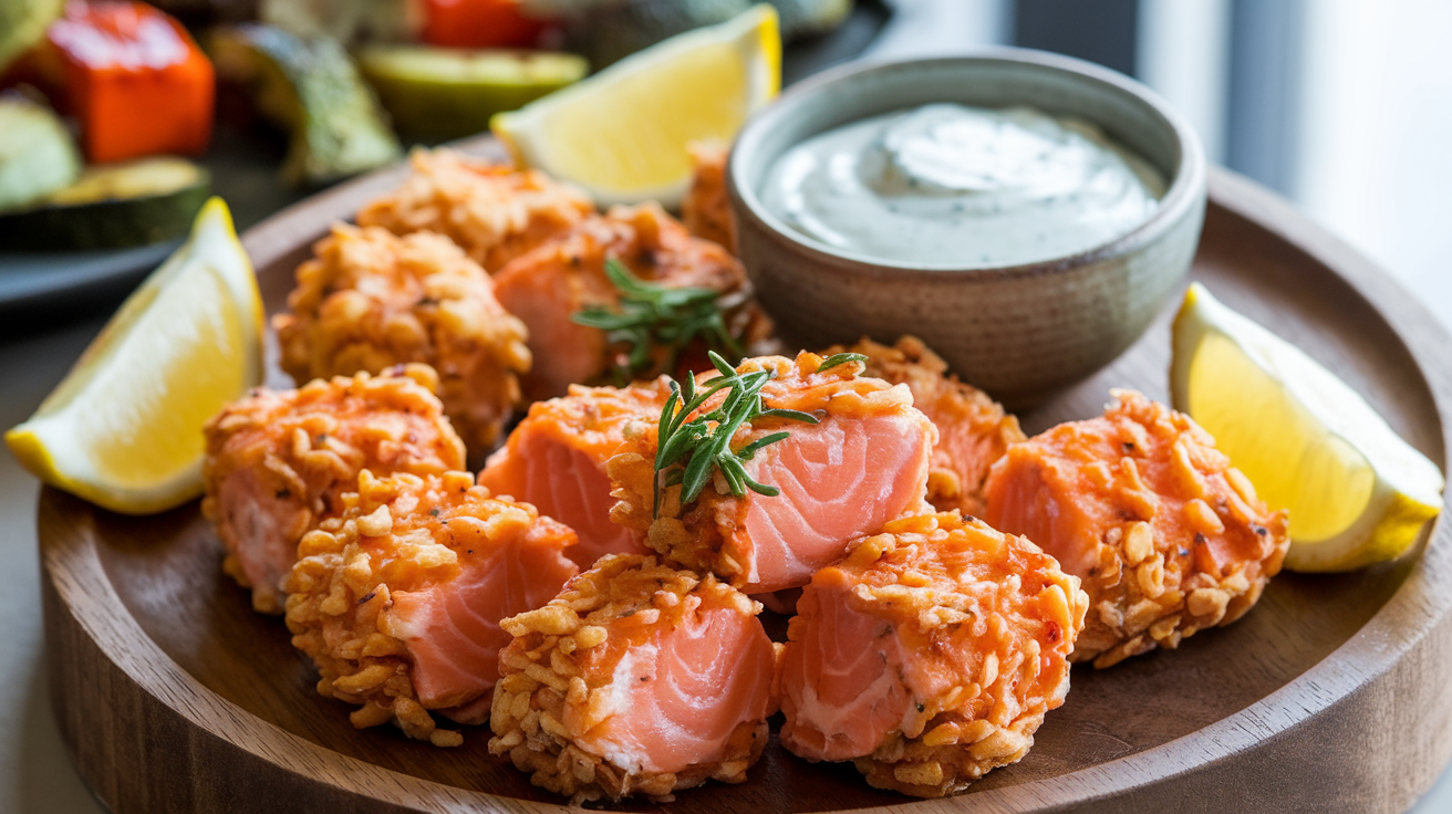 Crispy salmon bites served with a creamy dipping sauce, garnished with fresh lemon wedges and herbs, perfect for appetizers or a main dish